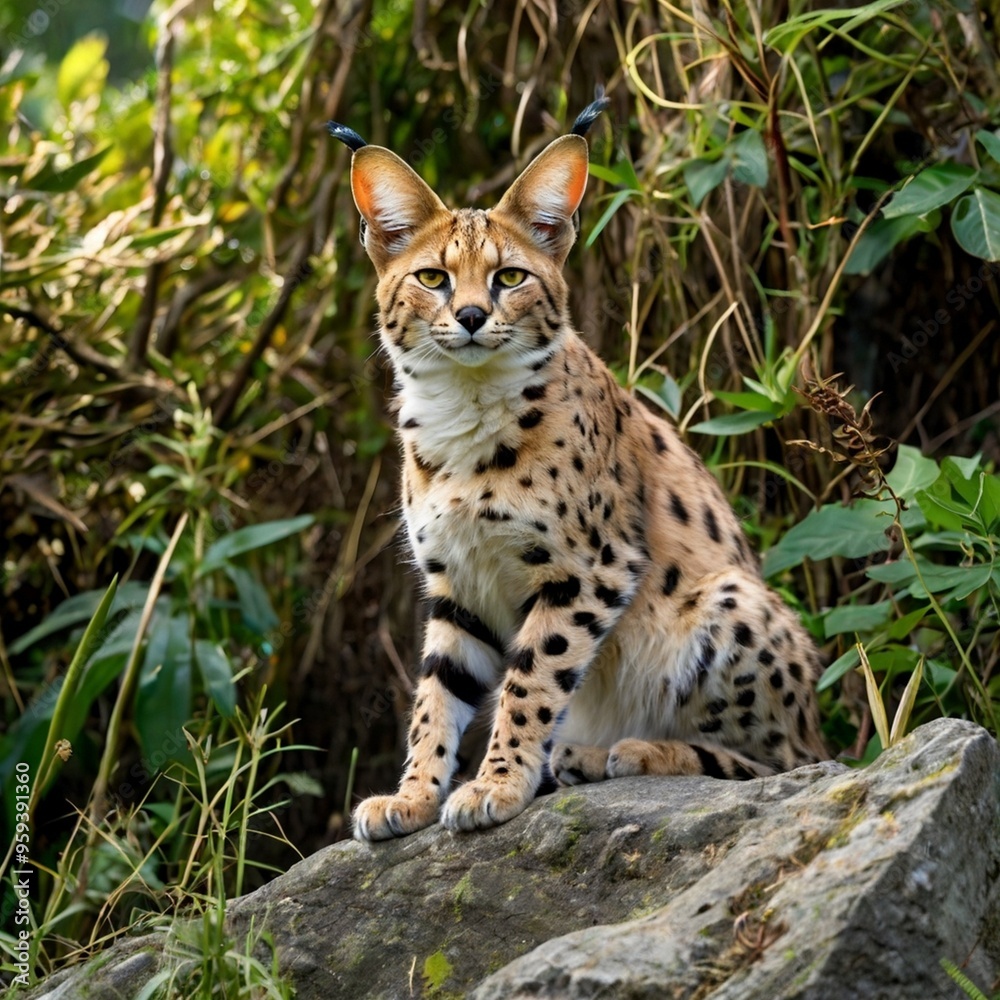 Closeup Leptailurus Serval big cat on the rock in the forest HD wallpaper royalty free stock photos images generated Ai Closeup Leptailurus Serval big cat on the rock in the forest HD wallpaper royalty free stock photos images generated Ai