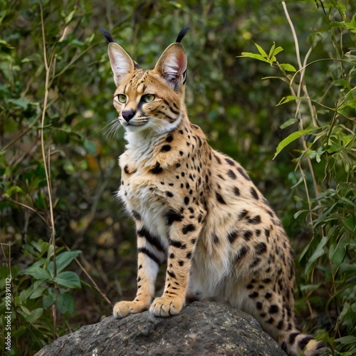 Closeup Leptailurus Serval big cat on the rock in the forest HD wallpaper royalty free stock photos images generated Ai