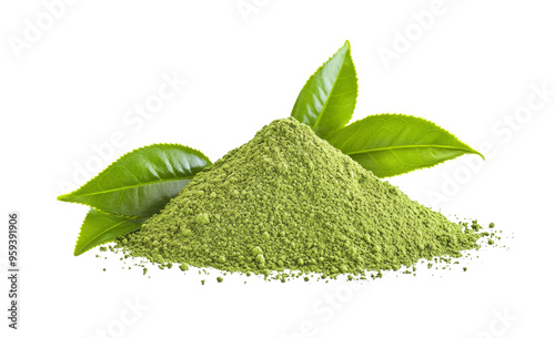 Instant matcha green tea with leaf on transparent png