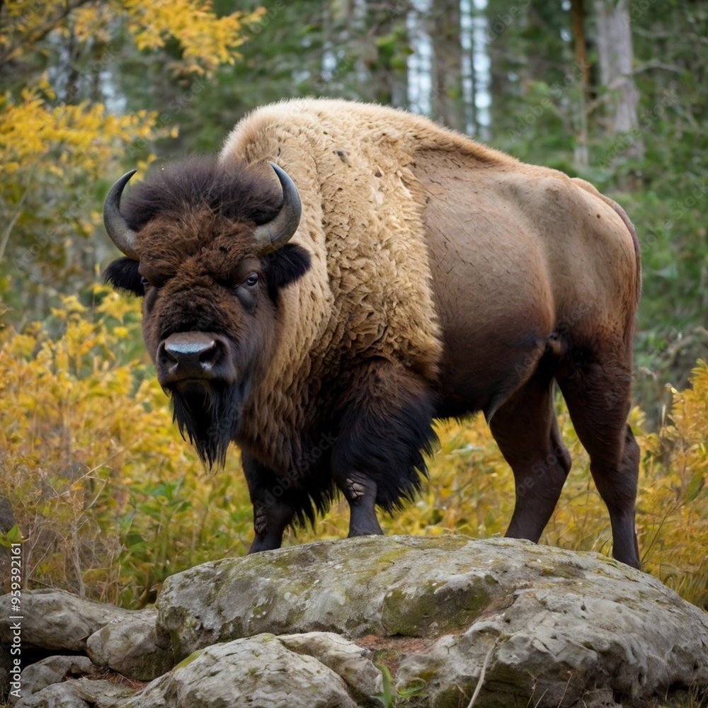 European bison on bright sunlight with a dark forest in the background Stock Photos and Images generated Ai European bison on bright sunlight with a dark forest in the background Stock Photos and Images generated Ai