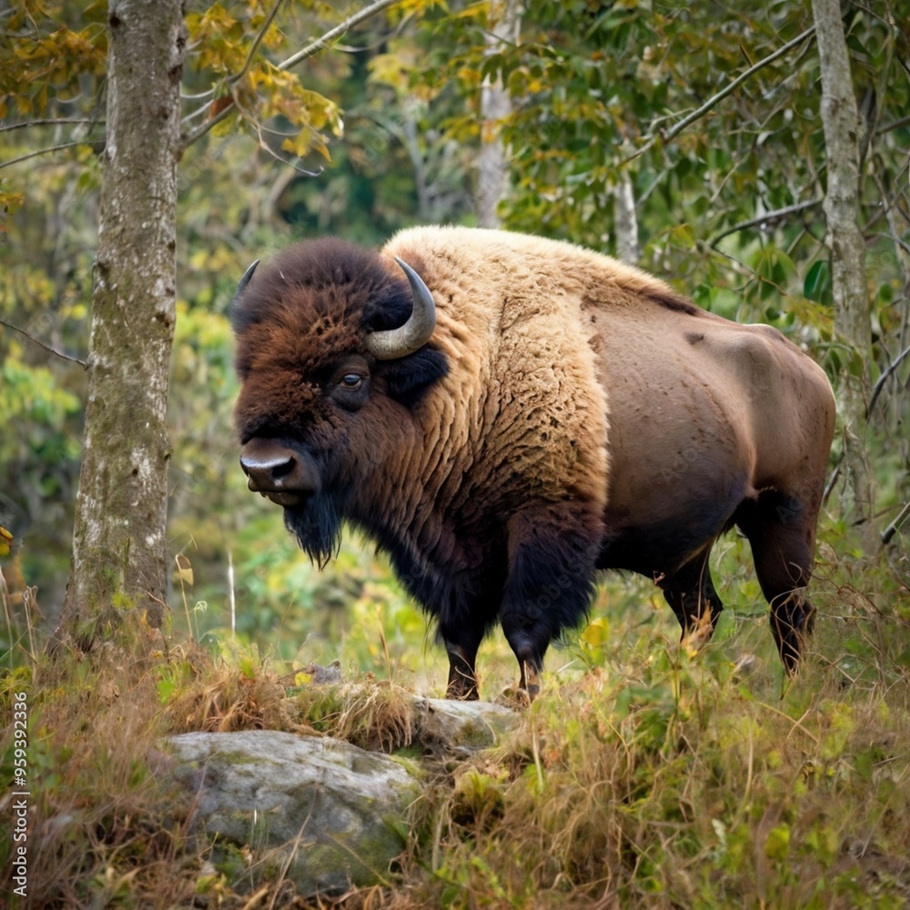 European bison on bright sunlight with a dark forest in the background Stock Photos and Images generated Ai European bison on bright sunlight with a dark forest in the background Stock Photos and Images generated Ai