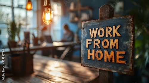 A sign that reads “WORK FROM HOME” - A person working from home at that home office desk - blurred background - remote work - remote job - hybrid job - natural light 