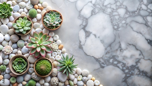 beautiful succulent plants and round decoration pebbles arranged on top left corner of light gray marble background. top view, flat lay, Empty space text photo