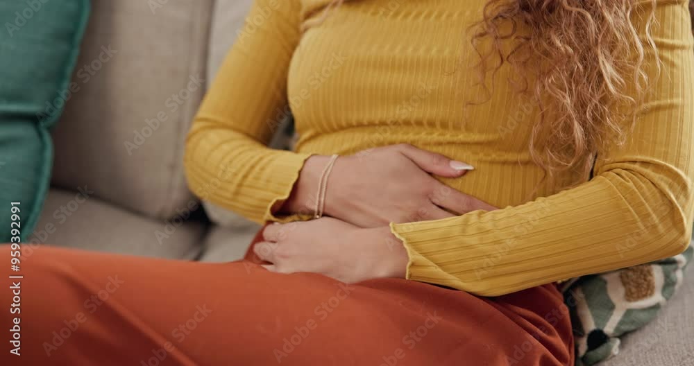 Living room, sofa and hands of woman with stomach pain for diarrhea, menstruation and constipation. Female person, home and abdomen with tummy ache for ibs cramps, digestion problem and gastro issue