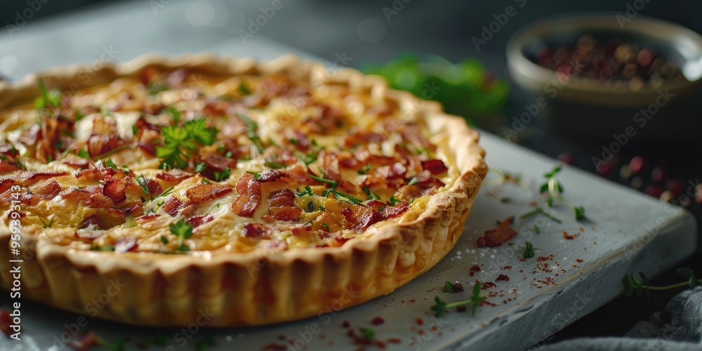 Detailed view of a scrumptious breakfast quiche featuring a cheesy bacon filling resting on a stone surface. Detailed view of a scrumptious breakfast quiche featuring a cheesy bacon filling resting on a stone surface.