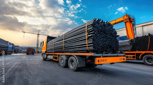 Heavy-duty truck carrying large steel pipes at an industrial construction site, with cranes and equipment visible in the background. photo