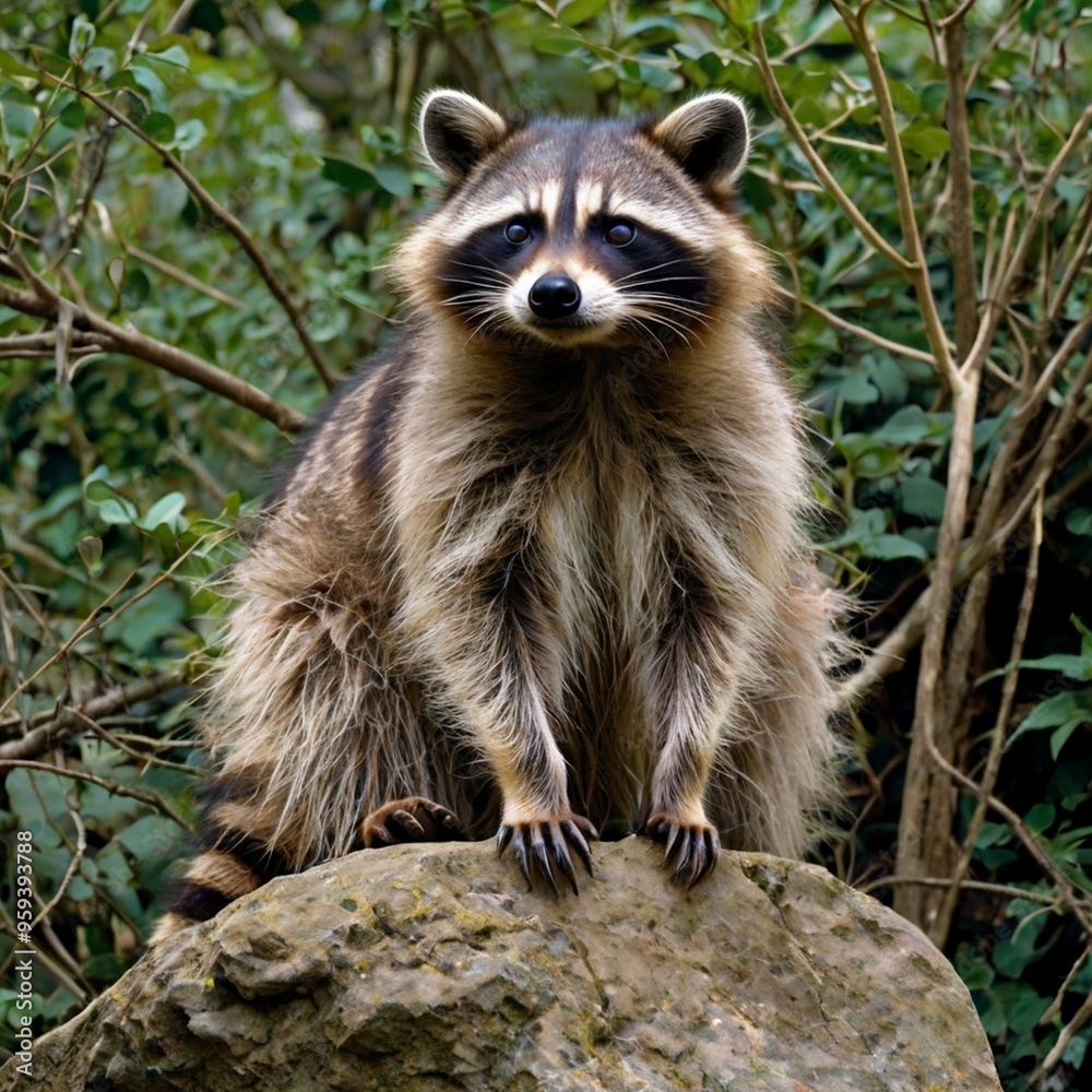 Raccoon sitting on the rock in the forest HD wallpaper royalty free stock photos image generated Ai Raccoon sitting on the rock in the forest HD wallpaper royalty free stock photos image generated Ai
