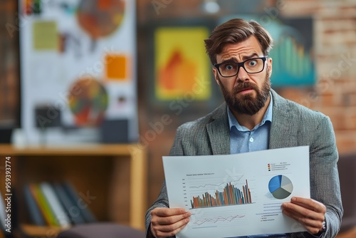Bearded Man in Glasses Holding a Graph and Pie Chart