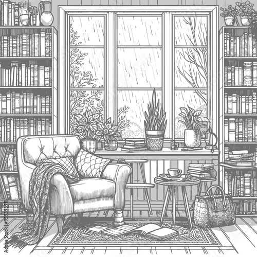 A room filled with bookshelves, a comfortable armchair coloring page vector