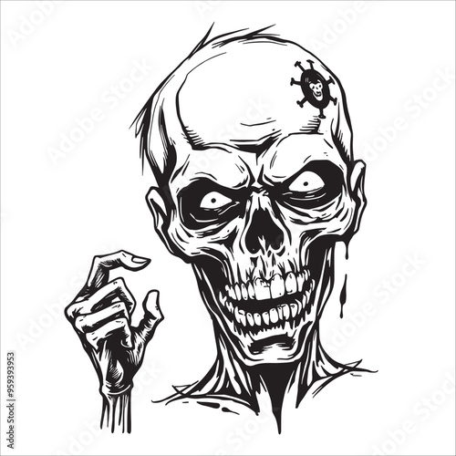Zombie head isolated on white background. Hand drawn vector illustration.