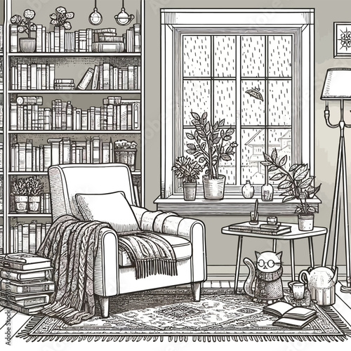 A room filled with bookshelves, a comfortable armchair coloring page vector