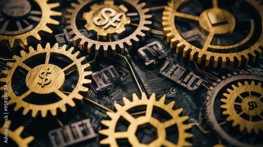 Golden Gears Interlocking With Dollar and Euro Symbols on Black Background