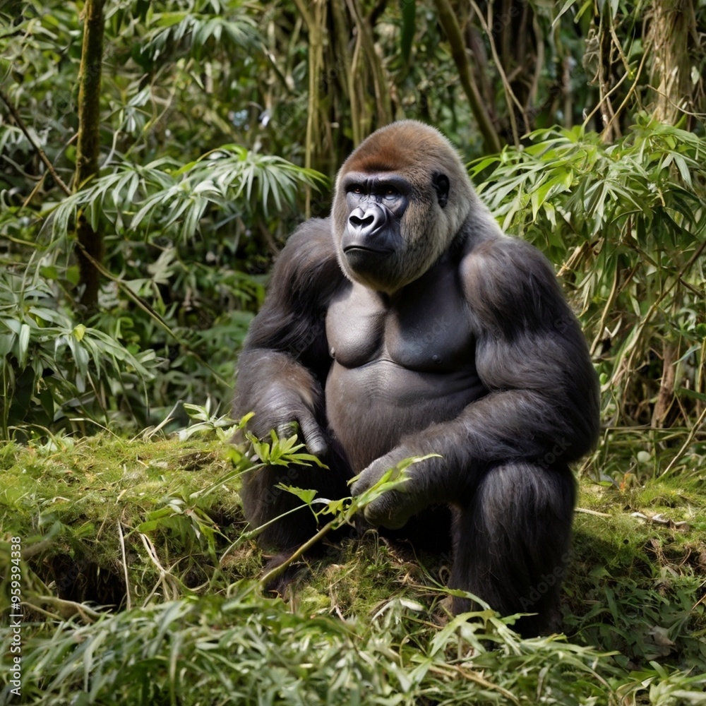 Gorilla sitting on the rock in the forest HD wallpaper royalty free stock photos images & pictures generated Ai Gorilla sitting on the rock in the forest HD wallpaper royalty free stock photos images & pictures generated Ai