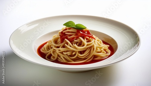 Soba with red sauce on white background isolated