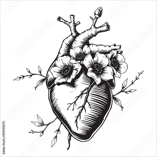 Human heart with flowers and leaves. Hand drawn vector illustration in sketch style.