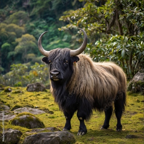 European bison on bright sunlight with a dark forest in the background Stock Photos and Images generated Ai