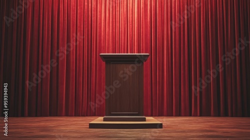 wooden announcement podium on wooden stage with red curtain background