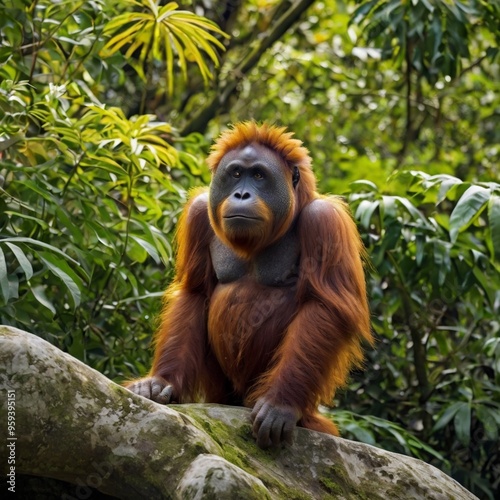 Africa Close-up of Orangutan sitting on the rock in the forest Wildlife Park stock image photo generated Ai photo