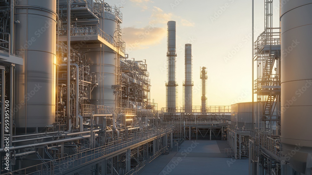 Industrial Plant with Tall Chimneys at Sunset Industrial Plant with Tall Chimneys at Sunset