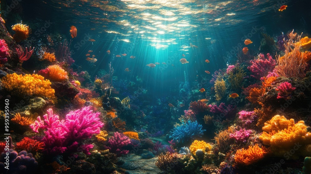 A breathtaking panoramic view blending vibrant fantasy worlds with underwater exploration A breathtaking panoramic view blending vibrant fantasy worlds with underwater exploration