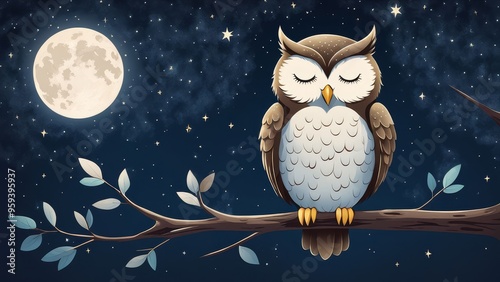A cute cartoon owl perched on a branch with a full moon and stars in the night sky.