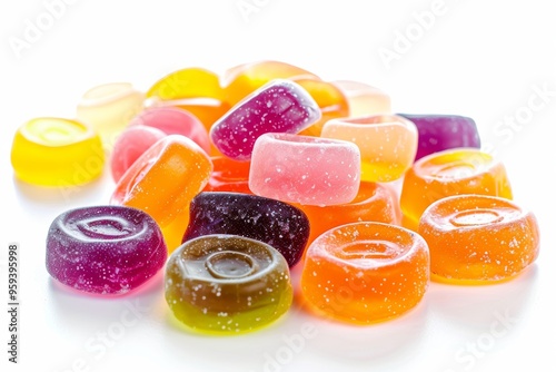 Colorful jelly candies in various shapes and hues scattered on a clean white background, perfect for sweet treats and desserts