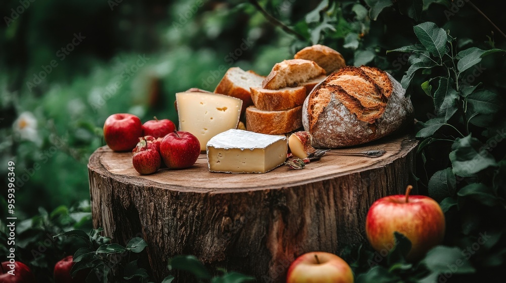a Wooden Tree Stump Podium in an Apple Orchard with Artisanal Bread and Cheeses Arranged on Top, Surrounded by Lush Green Foliage and Fruit-Laden Apple Trees a Wooden Tree Stump Podium in an Apple Orchard with Artisanal Bread and Cheeses Arranged on Top, Surrounded by Lush Green Foliage and Fruit-Laden Apple Trees