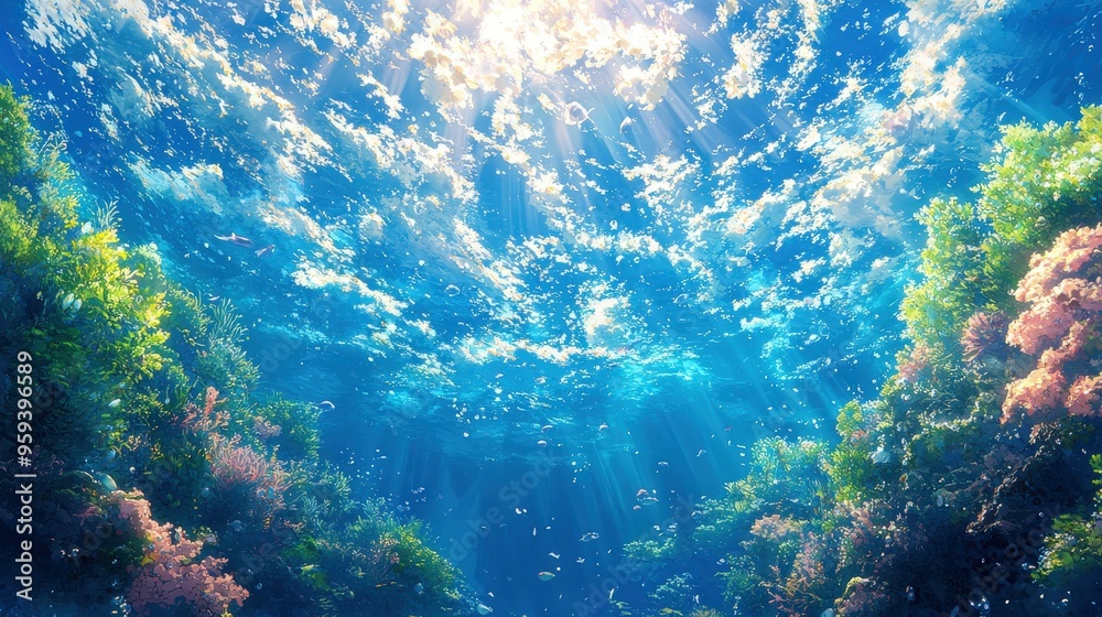 Underwater Ocean Scene with Sunlight Rays and Coral Reefs Underwater Ocean Scene with Sunlight Rays and Coral Reefs