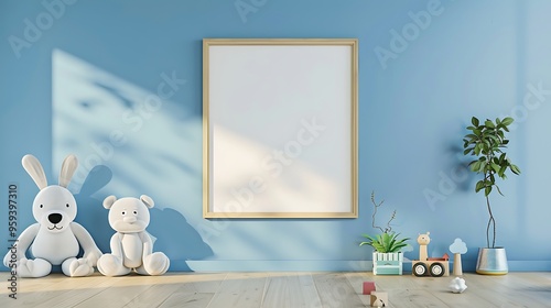 Empty horizontal picture frame hanging on blue wall in modern child room