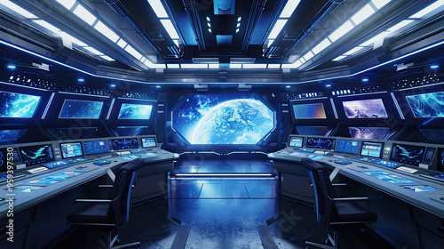 Obraz na płótnie Dynamic Control Center with Holographic Displays and Distant Galaxy Map w salonie