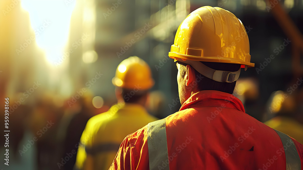 Construction Worker in Yellow Hard Hat and Orange Safety Vest Construction Worker in Yellow Hard Hat and Orange Safety Vest