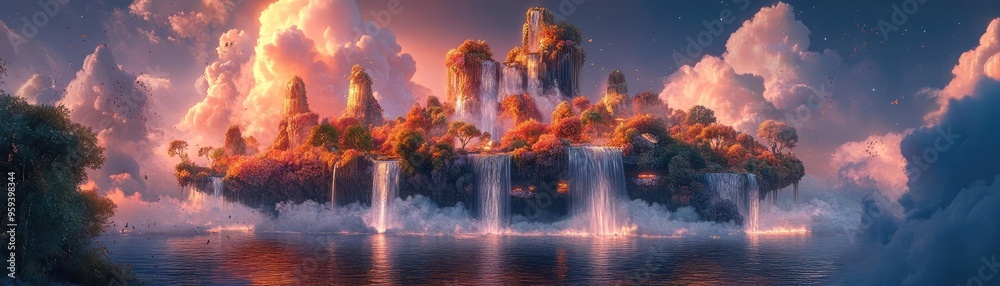 Fototapeta premium A majestic floating island adorned with giant edible flowers