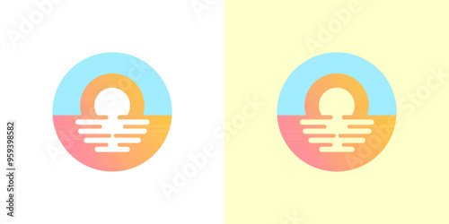 Circle Sunset Sea icon logo vector. Beach sun round isolated