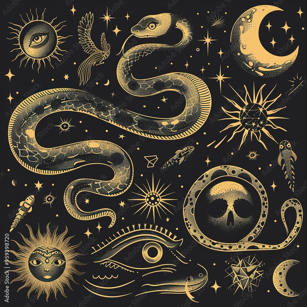 Vector snake set of mystical magic objects- moon, eyes, constellations, sun and stars Vector snake set of mystical magic objects- moon, eyes, constellations, sun and stars