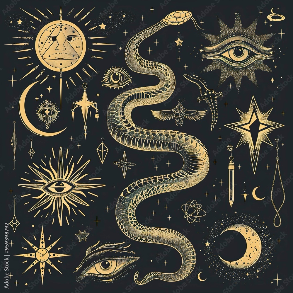 Vector snake set of mystical magic objects- moon, eyes, constellations, sun and stars Vector snake set of mystical magic objects- moon, eyes, constellations, sun and stars