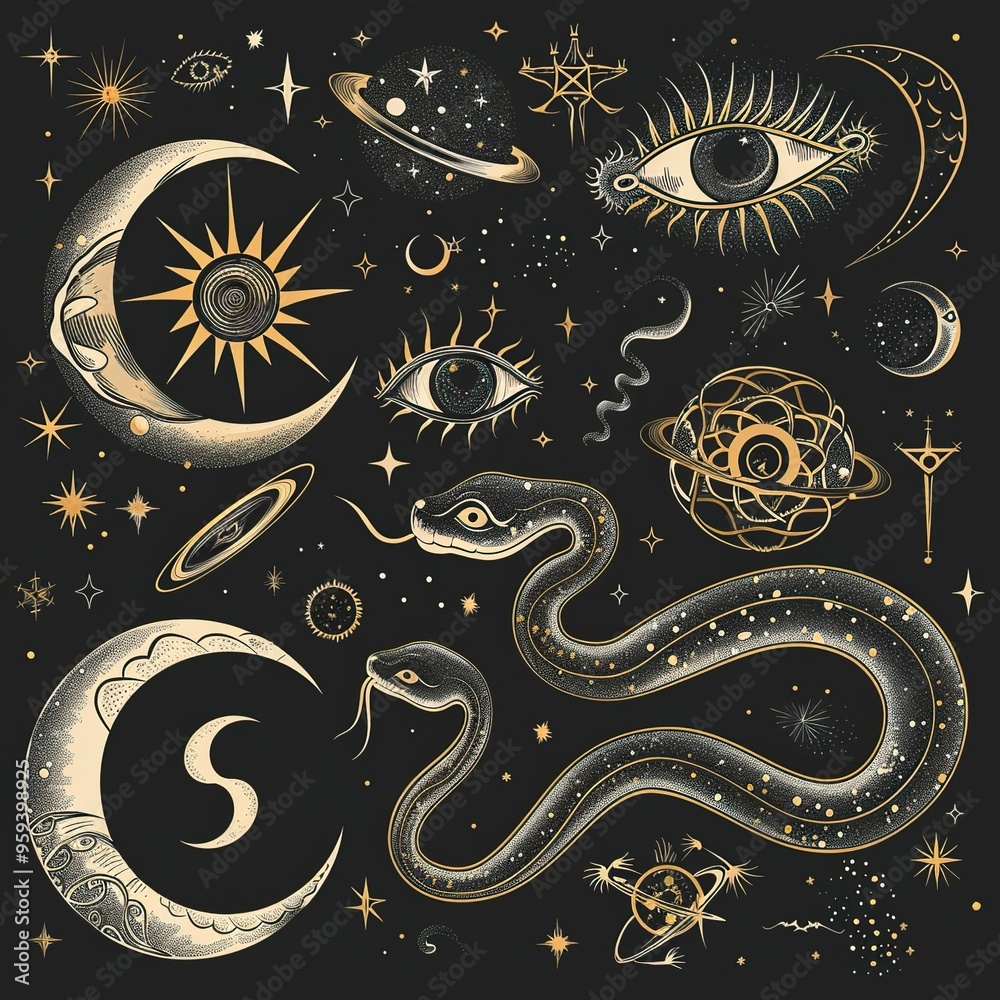 Vector snake set of mystical magic objects- moon, eyes, constellations, sun and stars Vector snake set of mystical magic objects- moon, eyes, constellations, sun and stars