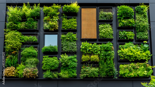 Modern Green Wall with Plants and Flowers in Black Frames