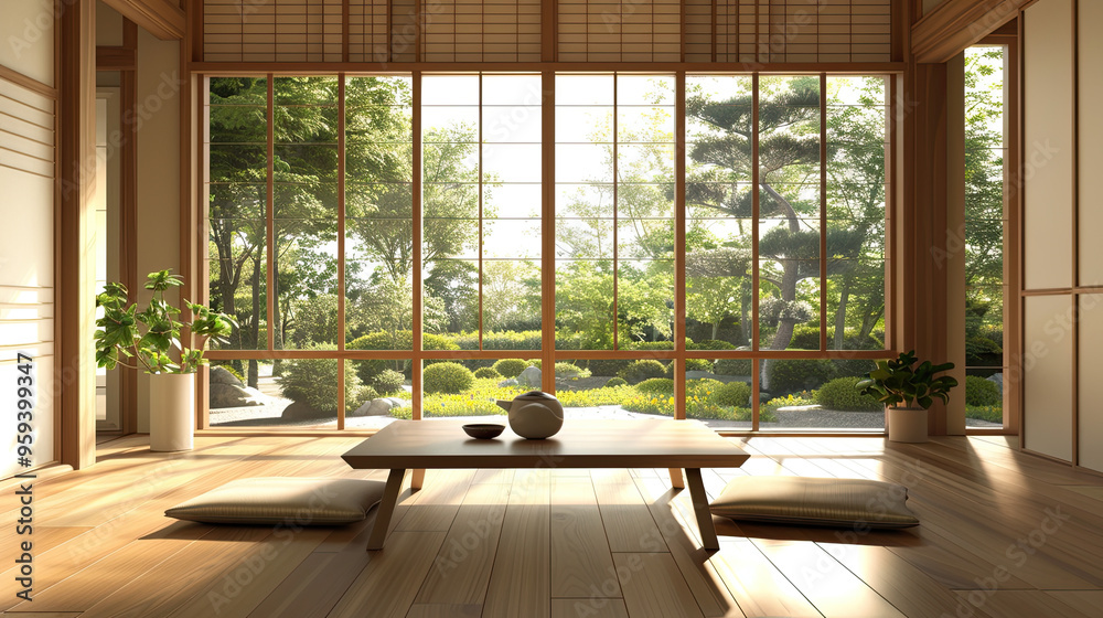 Minimalist Zen Living Room with Serene View of Japanese Garden Minimalist Zen Living Room with Serene View of Japanese Garden
