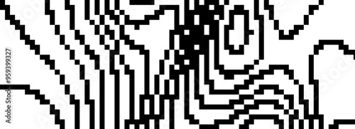 Dithered wavy curve line texture. Black pixel glitch background. Digitalized distorted backdrop for banner, poster, flyer, brochure, booklet. Abstract rasterized stripes overlay wallpaper. Vector