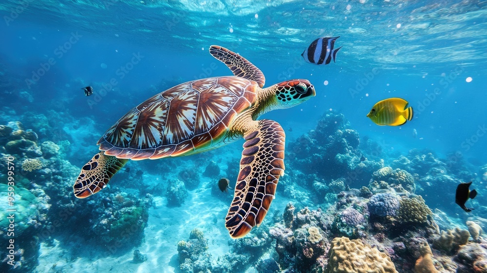 Fototapeta premium A sea turtle swimming gracefully through the water, surrounded by colorful fish