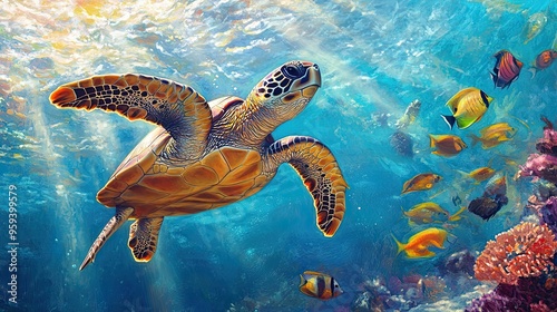 A sea turtle swimming gracefully through the water, surrounded by colorful fish