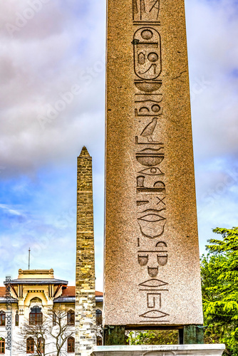 Hieroglyphs on Obelisk of Theodosius, Istanbul, Turkey. Obelisk originally from Egypt by Theodosius the Great in 324 AD. photo