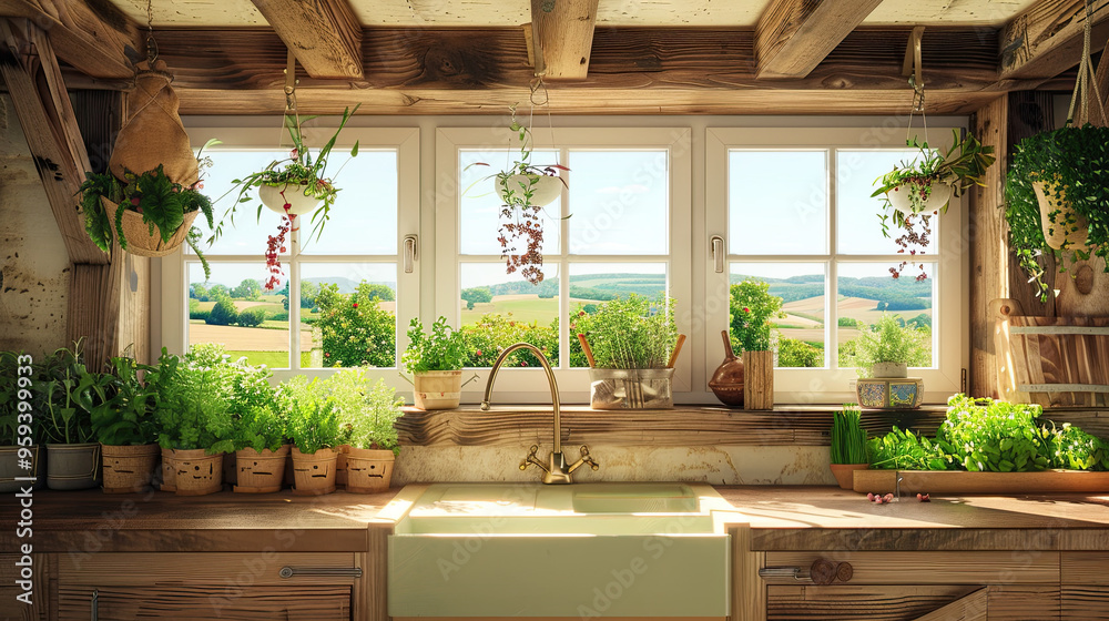 Rustic Country Kitchen with Farmhouse Sink and Rolling Hills View