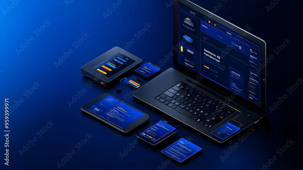 Fototapeta premium Modern Technology Devices Laptop Tablet Smartphones Blue Background
