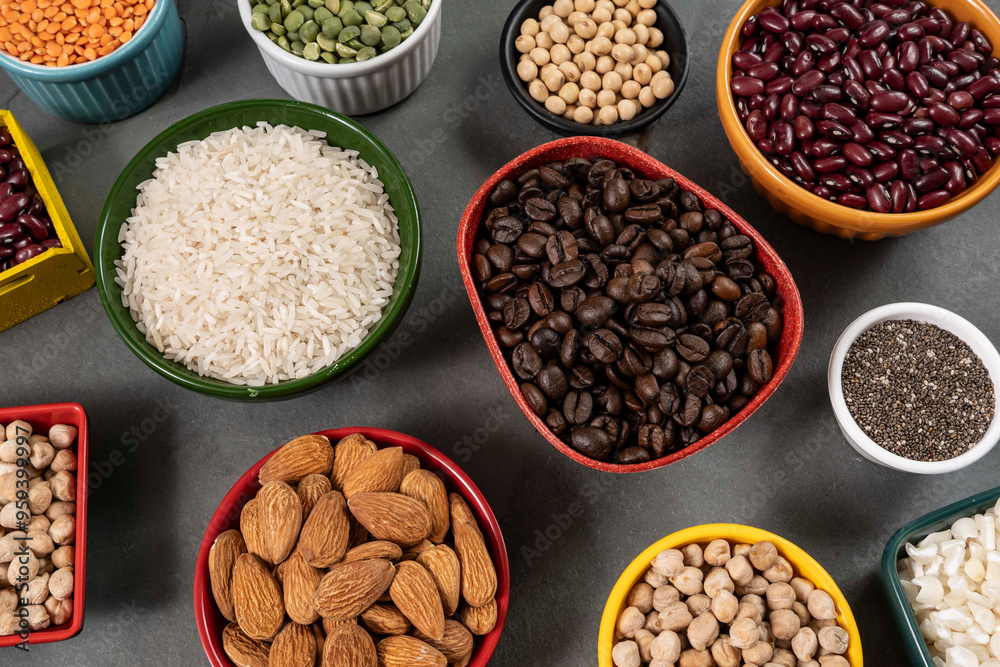several pots with raw grains for preparing healthy food several pots with raw grains for preparing healthy food