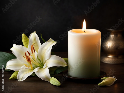 Beautiful lily and burning candle on dark background with Funeral white flowers.