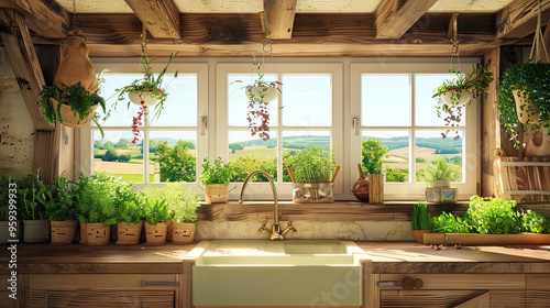 Obraz na płótnie Rustic Country Kitchen with Farmhouse Sink and Rolling Hills View w salonie