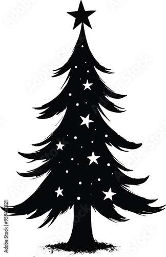 Decorative Christmas Tree Silhouette Black and White with Stars and Solid Black