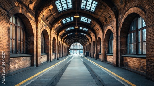 A vintage train station with brick walls and arched ceilings