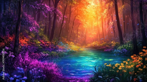 Wallpaper Mural Beautiful, wonderful forest with colorful trees and flowers, glowing water stream Torontodigital.ca